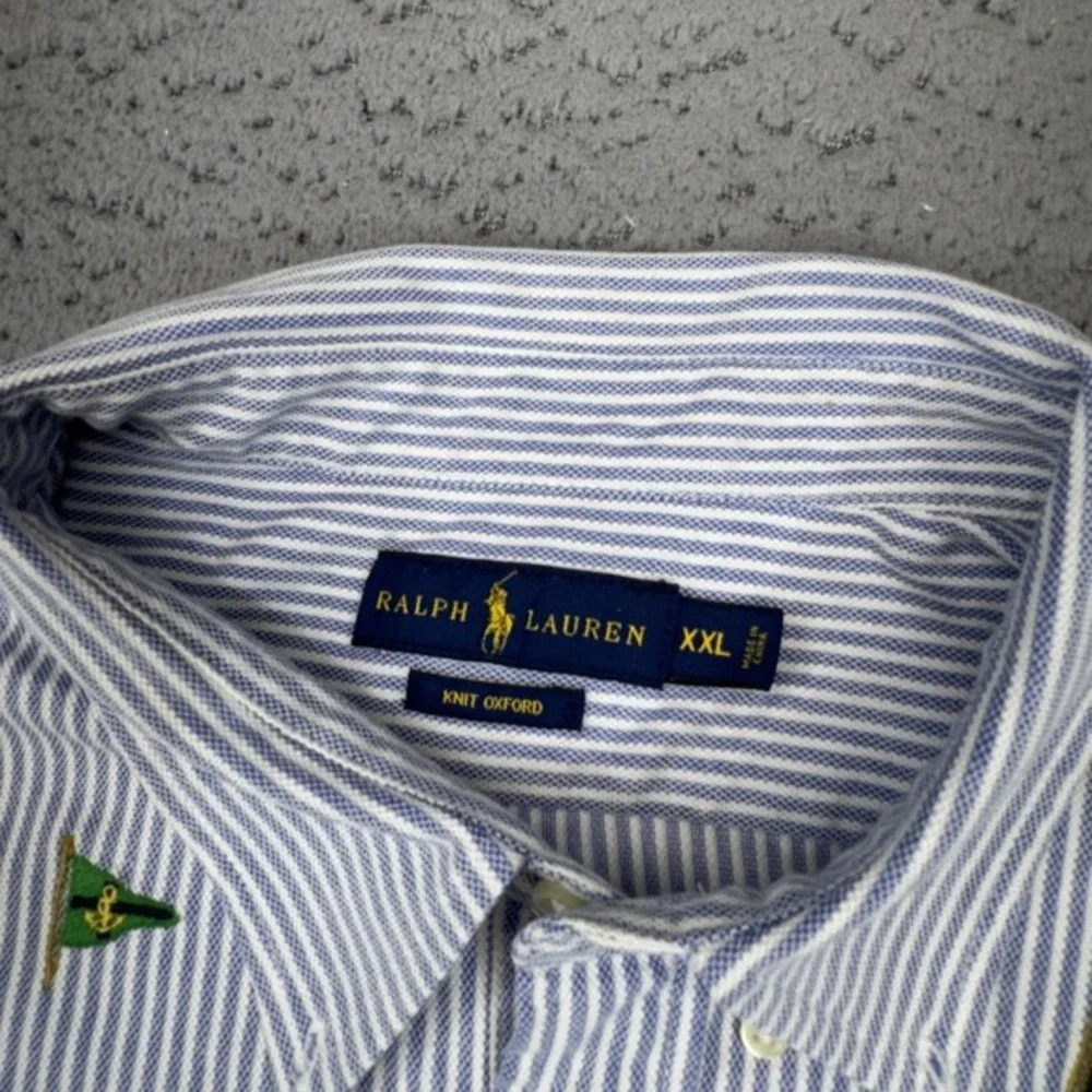 Polo Ralph Lauren Shirt Mens 2XL‎ Blue Stripe Flags Knit Oxford Preppy Nautical